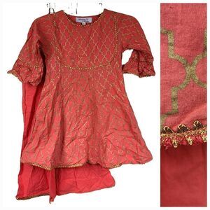 Bitiya by Bhama Girls Peach-Colored Printed Kurti Palazzos Pants 6/7 Ethnic Wear